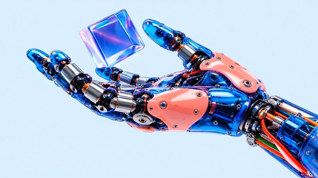 Open robotic hand beneath a floating crystal cube
